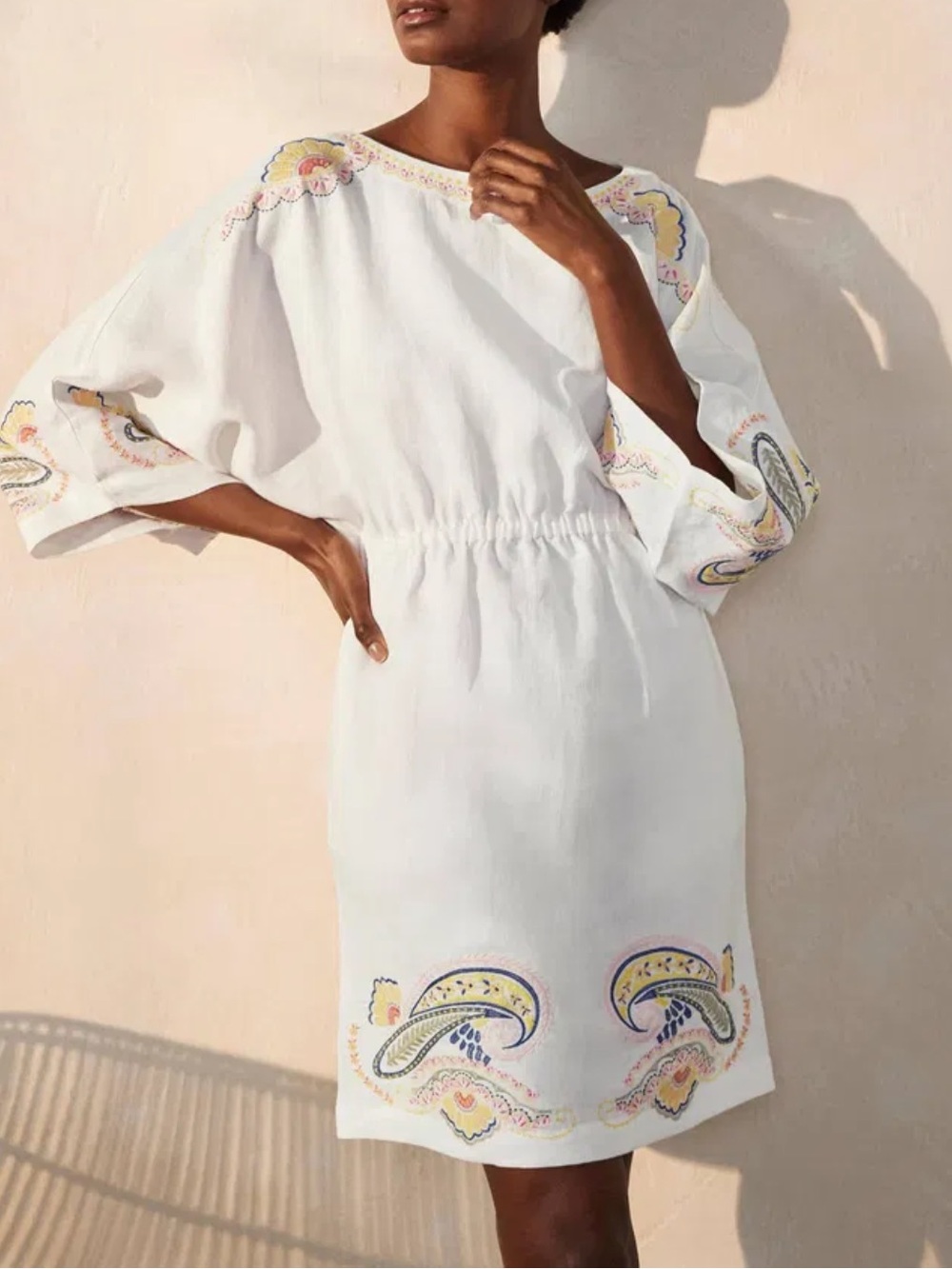 Boden Briana White Linen Floral  Paisley Mini Dress